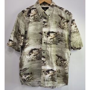 Red Head Bass Fishing Shirt Mens M Sage Green Short Sleeve Graphic Button Down